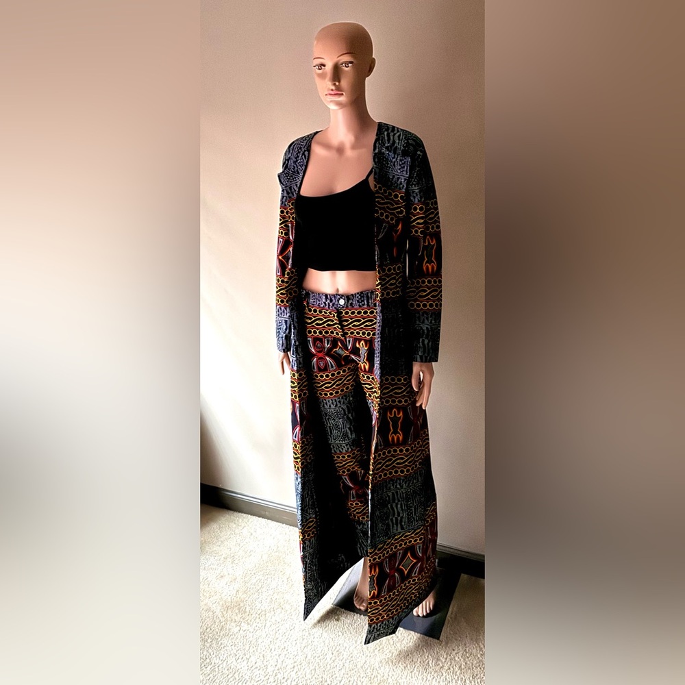 Two piece African print pant and duster set.